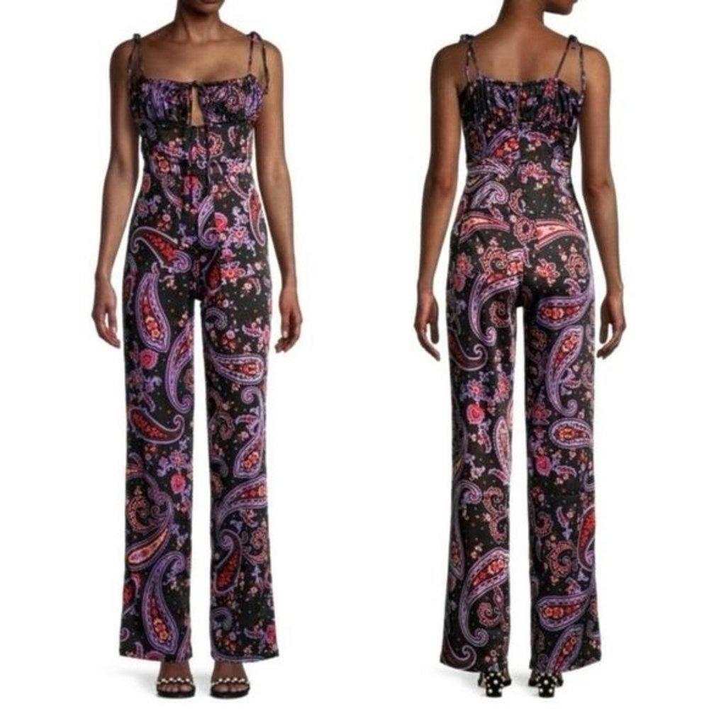 WeWoreWhat Danielle Bernstein Black Multi Paisley Satin Jumpsuit 4